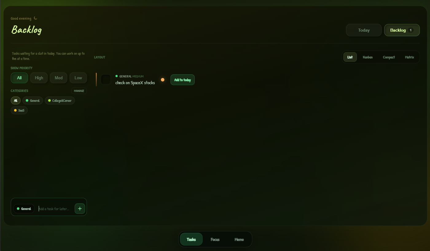 Grove backlog tab with Today list