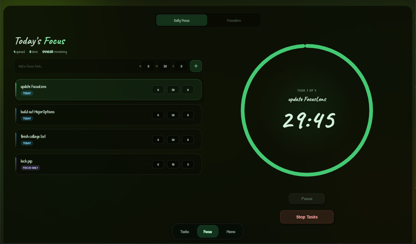 Grove Focus tab with session timer and focus queue