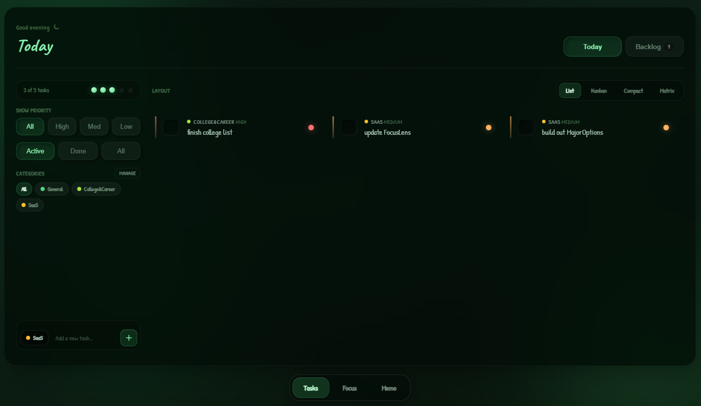 Grove Tasks tab with Today list and task cap meter